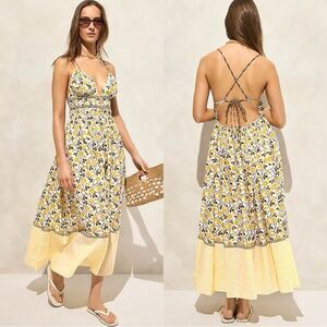 NWT J CREW Cotton voile plunge maxi dress in daffodil daze block print in yellow